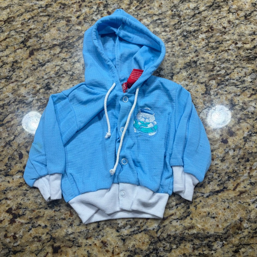 Vintage Nautkids Baby Blue Hooded Cardigan Bear Graphic Snap Front Size 18M